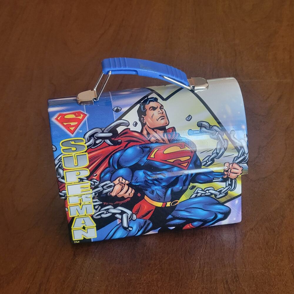 Superman Man of Steel Mini Lunch Box Tin Box DC Comics Blue Handle